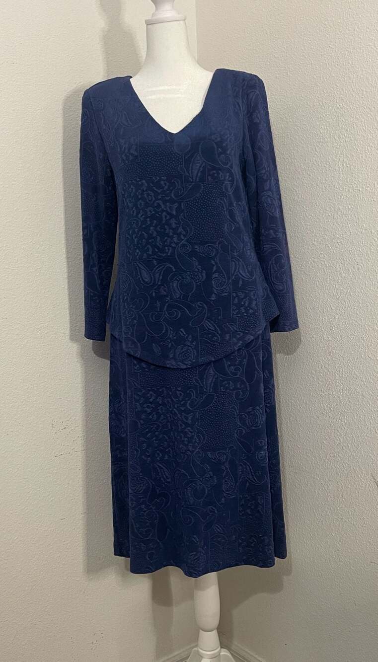 Connected Apparel Women's Navy Blue Jacquard Textured Dress Set, Size 8